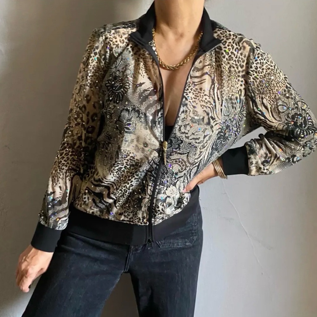 Joseph Ribkoff Vintage 90’s Crystal Jeweled Animal Print Bomber Jacket Sz 14